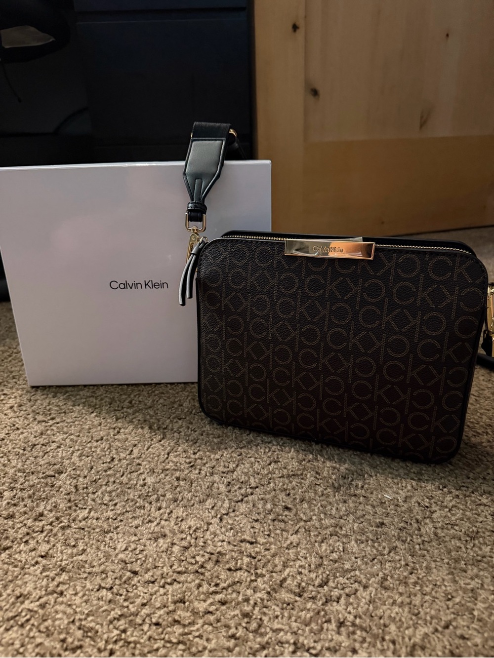 Calvin Klein Brown Monogram Camera Bag with Black Strap